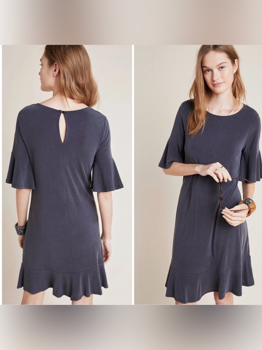 Anthropologie charcoal ruffle sleeve oversized fancy all season dress preppy - Picture 2 of 3